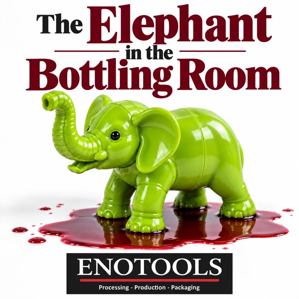 The Elephant in the Bottling Room: a neon green plastic toy elephant standing in a puddle of red wine