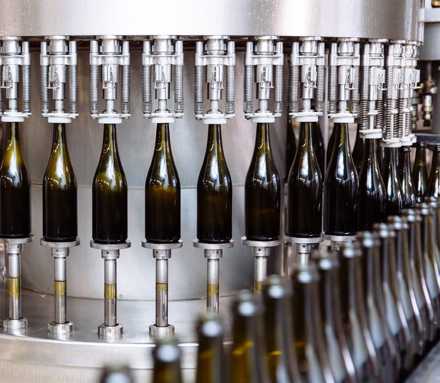 Wine bottles on a filling line